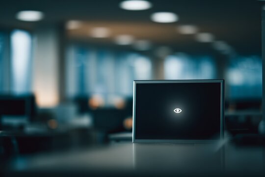 Empty control desk with a small eye icon softly glowing on a blank monitor, monitoring state without action