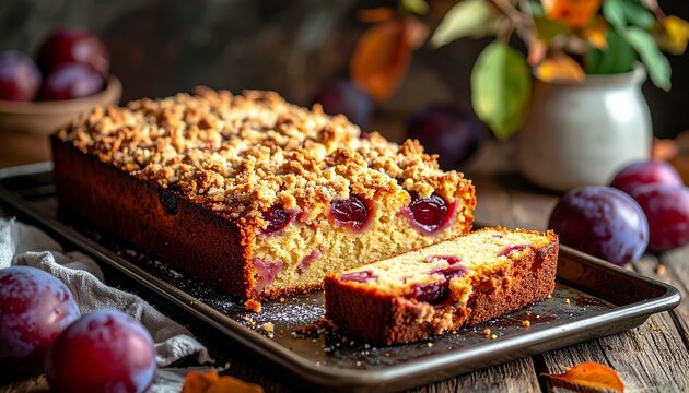 German Plum Cake with Streusel. German Food Close Up