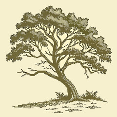 Fototapeta premium Serenity Tree on a Gentle Hill with Lush Grass and Leaves, Viewed in Digital Illustration from a Calm Perspective