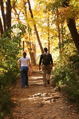 Fototapeta premium A couple is walking along a forest path on a sunny day, viewed from behind.