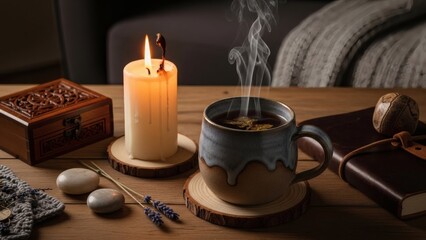 Cozy Moment with Candle and Coffee: A candle burns brightly next to a steaming cup of coffee and a rustic journal, a perfect moment for reflection and tranquility. 