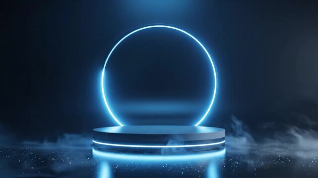 Futuristic glowing neon circle evolving on a dynamic digital display with reflection effects in a high-tech environment