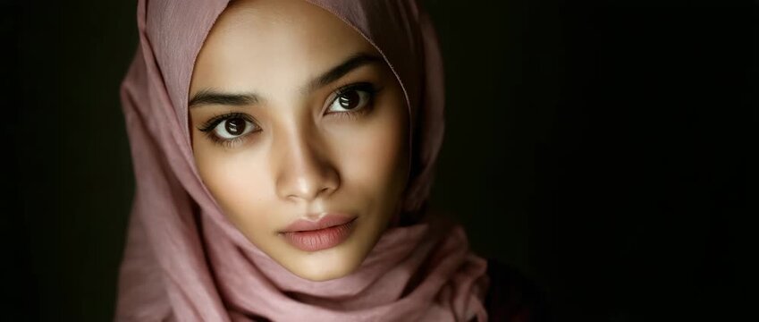 Beautiful Young Muslim Woman Wearing a Stylish Hijab with Glowing Olive Skin and Hazel Eyes