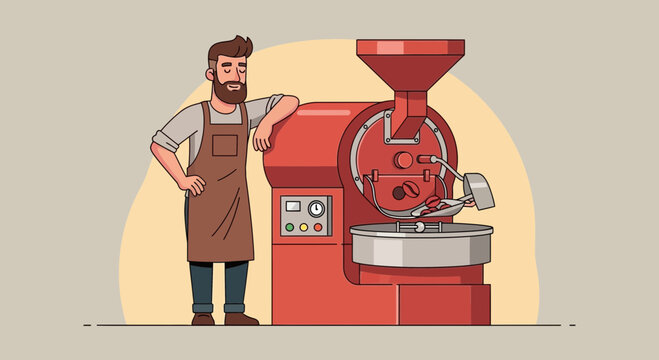 A smiling barista proudly stands beside a vintage red coffee roaster machine with fresh beans