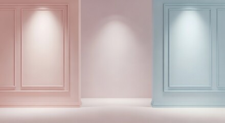Fototapeta premium Pastel Blue and Pink Interior Wall with Classic Moulding and Spotlight – Elegant 3D Podium Background Mockup
