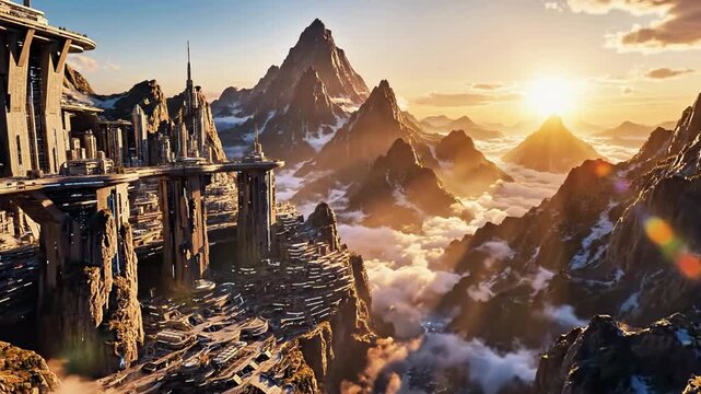 A breathtaking fantasy landscape of an ancient, ruined castle perched on a rugged mountain peak at sunrise