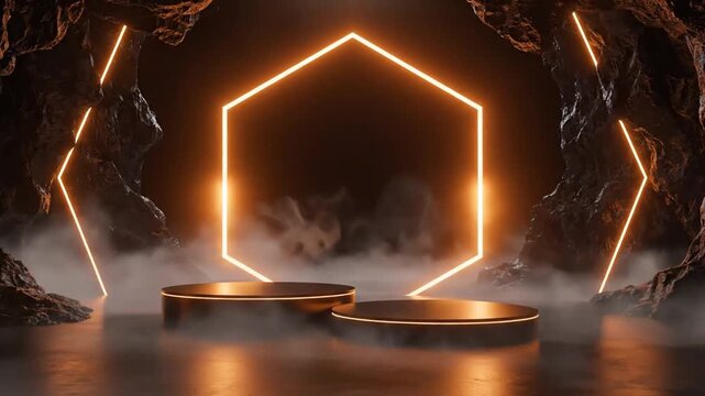 Futuristic glowing hexagonal portal with dynamic lightning effects in a dark cavernous environment for creative digital art