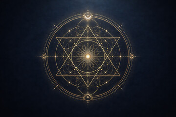 Fototapeta premium Sacred geometric star symbol with glowing mandala lines on dark mystical background 