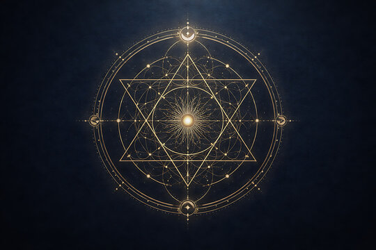 Sacred geometry star symbol with glowing golden mandala on dark mystical background