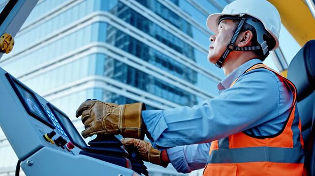 A construction worker operating heavy machinery with a cityscape in the background