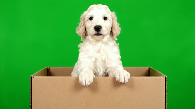 Adorable Cream Cockapoo Puppy Posing in a Cardboard Box Against Green Screen Background with Playful and Curious