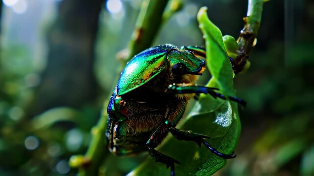Close-up of a vibrant metallic green beetle on a leaf and stem