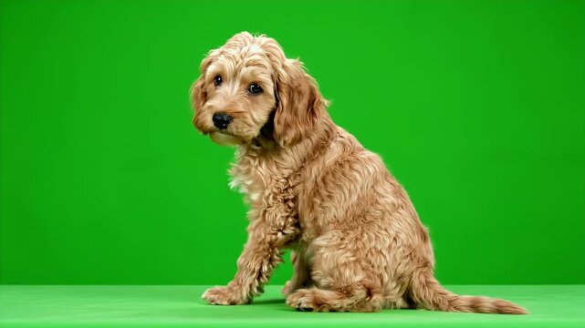 Adorable Golden Cockapoo Puppy Sitting in Profile View on Green Screen Isolated Background with Soft Natural Lighting