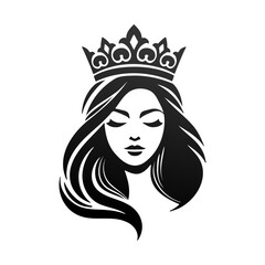 Queen with royal crown and long hair portrait silhouette vector illustration