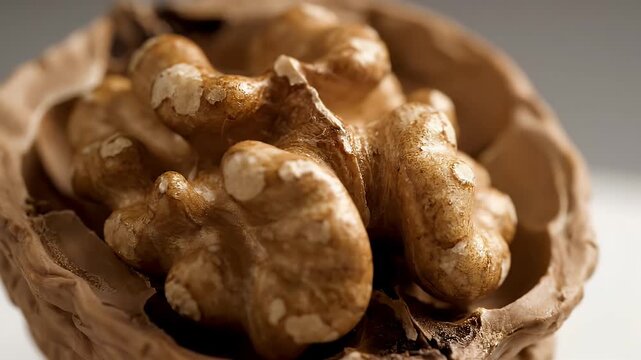 A beautiful close-up photograph of a single shelled walnut kernel, highlighting its natural, intricate texture and warm brown hues, symbolizing wholesome nutrition and a healthy, delicious snack