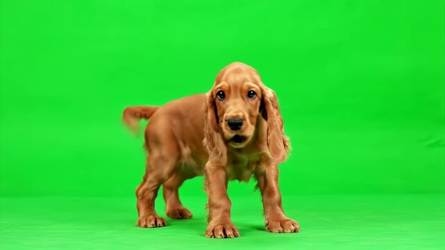 Alert Light Brown Cocker Spaniel Puppy Standing on Green Screen Background with Fluffy Ears and a Playful Tail Wag