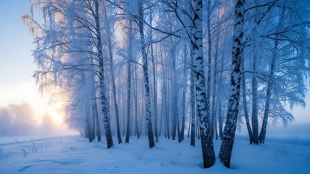Snow-covered birch trees stand tall in a serene winter forest at sunrise with frosty atmosphere