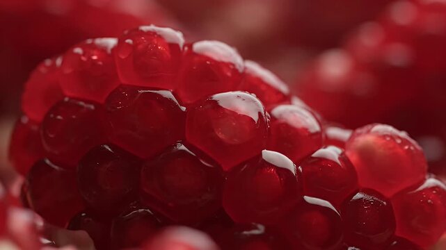 Intimate macro shot revealing the glistening, ruby-red arils of a ripe pomegranate, highlighting their juicy texture and vibrant color, ideal for health and wellness themes