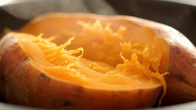 Perfectly cooked and tender orange sweet potato, halved to showcase its soft, stringy texture and vibrant color, a healthy and delicious addition to any meal