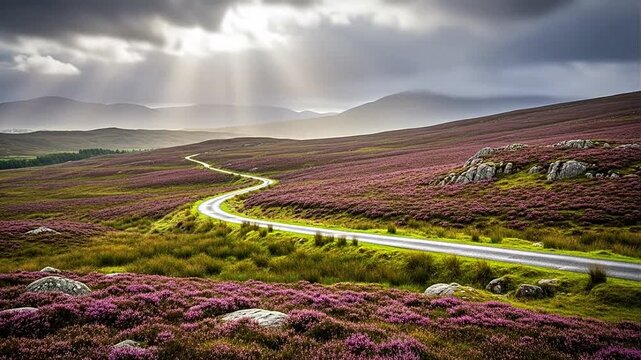 Winding asphalt road through expansive purple heather moorland with sun rays breaking through cloudy sky.