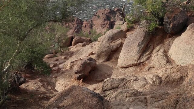 view of phoenix arizona skyline from the top of camelback mountain (desert hiking trail canyon hike) southwest scottsdale outdoor adventure rock scramble desert rocks brush stones downtown camel back 