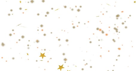 Obraz premium Shimmering group of three gold glitter stars on white canvas with gray bursts and red dots