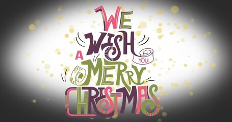 Showing centered lettering greeting on holiday card backdrop with ribbon banner, spirals, bokeh