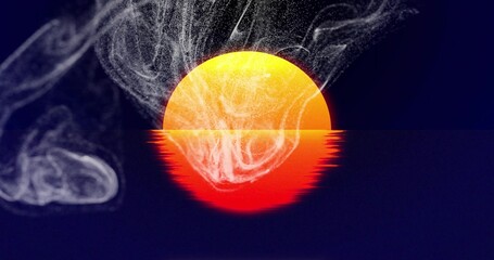 Obraz premium Glowing circular sun half-submerged casting red reflection across calm seascape horizon, with smoke