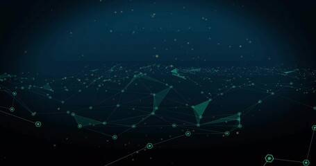 Naklejka premium Showing wide teal mesh receding to horizon on dark teal-blue gradient, with nodes and hex markers