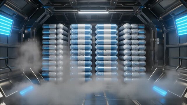 Futuristic server room with stacked servers and fog, viewed from the front in a high-tech environment