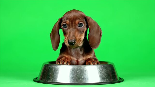 Dachshund Puppy Peeks from Silver Pet Bowl Isolated on Green Screen Background Looking Adorable with Puppy Dog Eyes