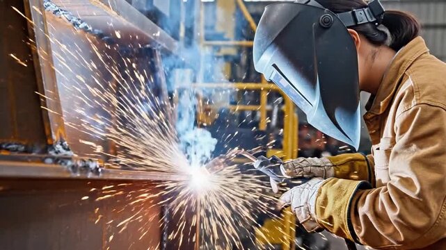 A person in a protective helmet and yellow jacket welding metal, with sparks flying everywhere
