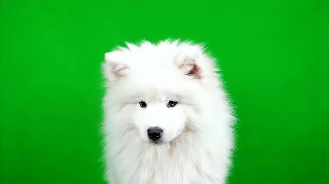 Energetic Samoyed Shakes its Head Vigorously Against Green Screen Background Displaying Playful Energy and Furry