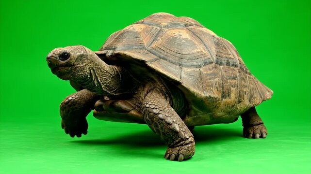 Galapagos Turtle Walking on Green Screen Background in Studio Lighting Shows Textured Shell and Wrinkled Skin Perfect