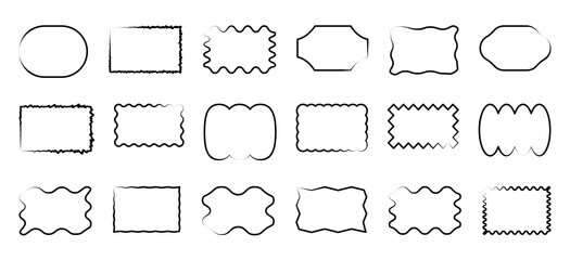 Obraz premium Set of monochrome black wavy speech bubbles. Mixed chat contours and message forms for comic panels, dialogue graphics and conversation layouts. Bold bubble silhouettes vector illustration.