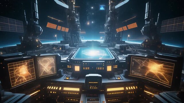 Futuristic control room interior with advanced technology and screens displaying star maps and celestial data