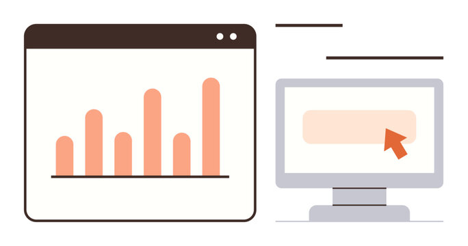 Data analysis, business growth, digital marketing, user interaction, website development, analytics solutions. Bar graph beside a computer screen with a cursor. Data analysis and business growth