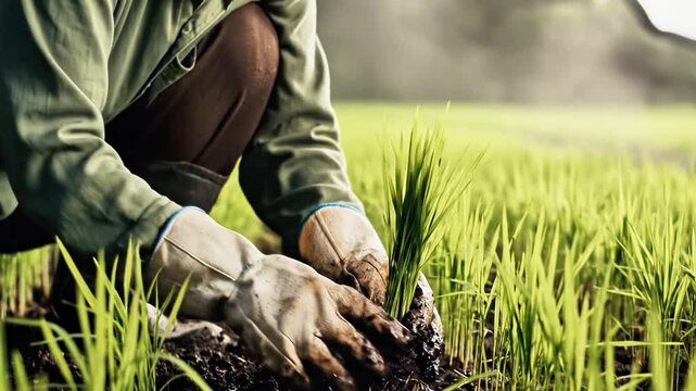 A person planting a young green plant in a field