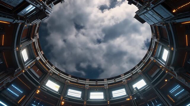 A futuristic circular room with a large skylight revealing a vast cloudy sky viewed from below
