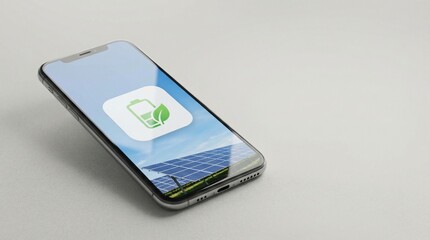 3D Render Smartphone with Blank Energy App Interface and Solar Panel Reflection on Screen, Minimal Background with Copy Space