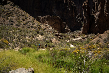 grupo de personas adentrandose a traves de un sendero al ca&ntilde;adon para poder hacer ascenso en las paredes de los murallones rocosos 