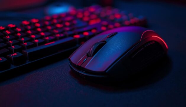 A video showcasing a computer mouse and keyboard in a dark setting with red and blue lighting