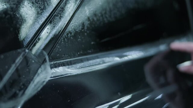 Professional detailer installing Paint Protection Film (PPF) on car B-pillar. Close-up of hands using squeegee and knife to apply transparent anti-gravel vinyl.