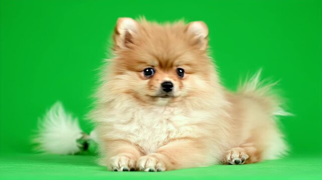 Lying Fluffy Pomeranian Puppy with Light Brown Fur in Green Screen Background