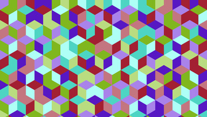 Obraz premium Eclectic 3D geometric cube pattern with a vibrant mix of purple, green, red, and light blue.