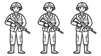 Naklejka premium Vector flat illustration set of line art female and male military soldiers in uniform poses