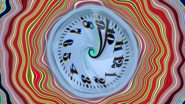 A clock warping in a circular motion and shifting color hues against a circular hypnotic colorful background.