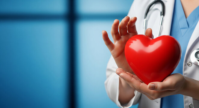 American Heart Month banner: Cardiologist doctor holding red plastic heart in hands. Healthcare care and Valentine's Day concept.