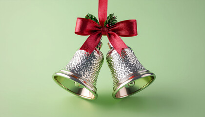 Two shiny silver Christmas bells with a festive red ribbon and holly hanging against a light green background.