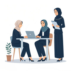 Obraz premium Three Muslim women in business attire collaborating in an office setting, discussing work on a laptop